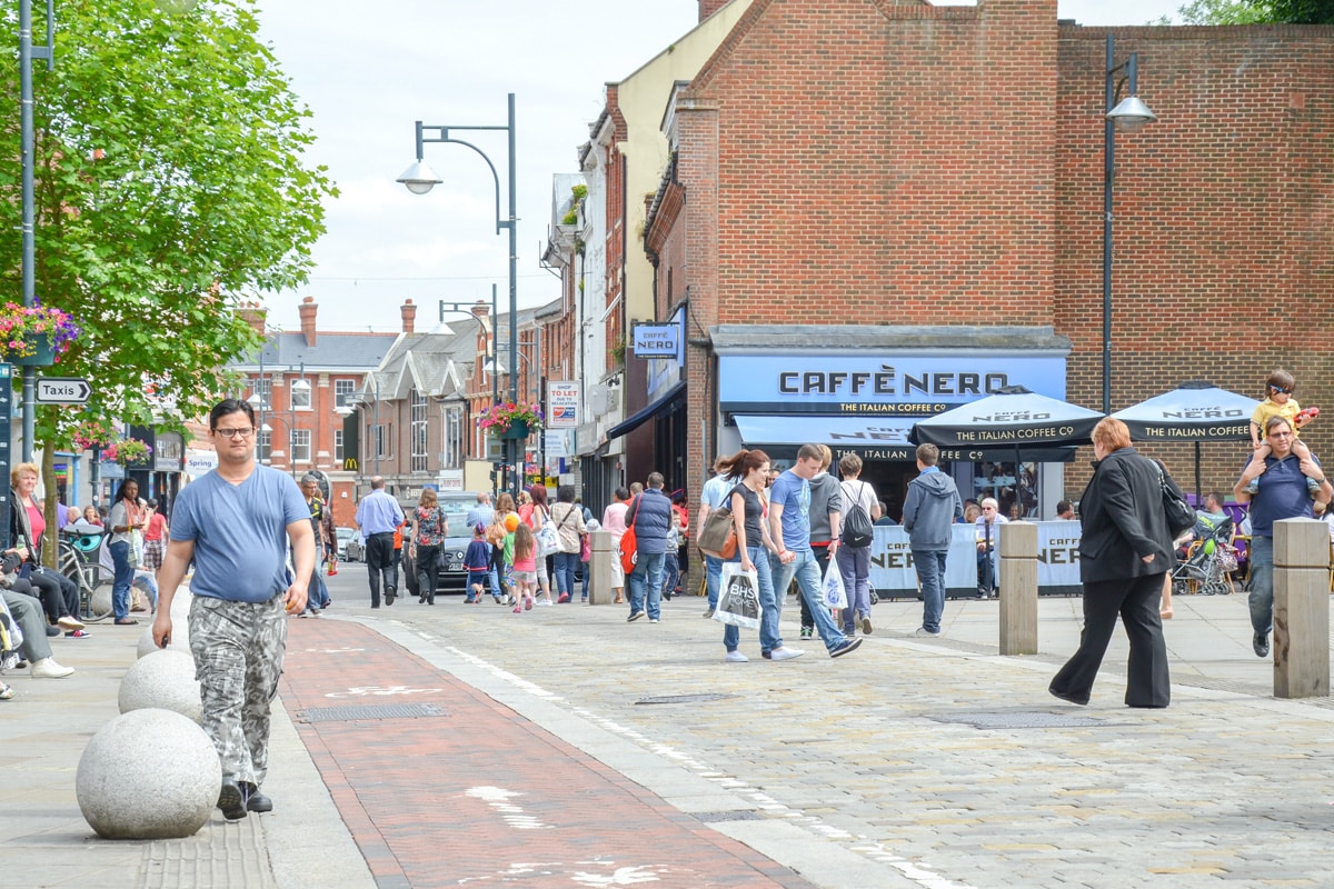 A busy Watford shopping street in summer