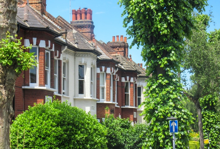 A tree-lined street of terraced houses in west London
