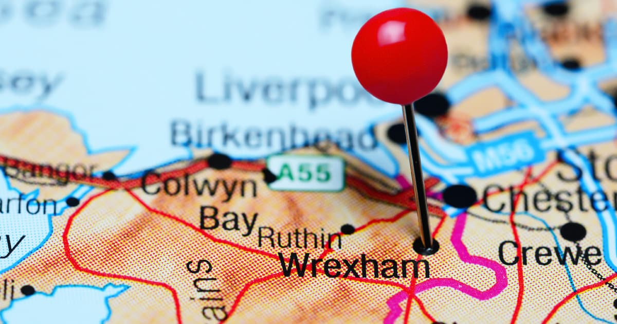 Wrexham pinned on a map of North Wales