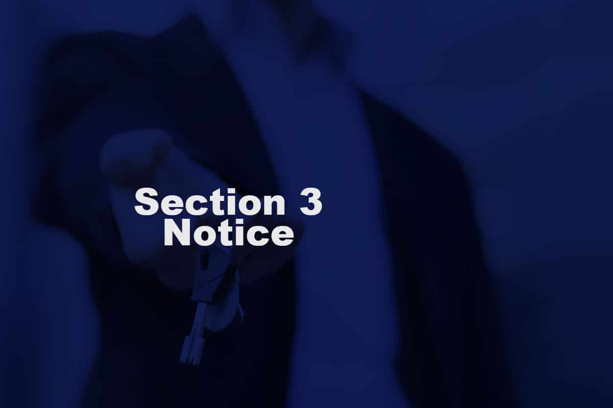 Foreground text says 'Section 3 Notice'. The background is a blurred image of a man in a suit holding out some house keys.