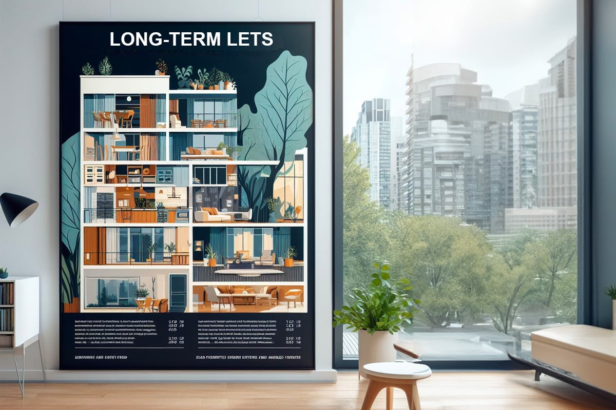 A poster in a modern flat advertises long-term lets.