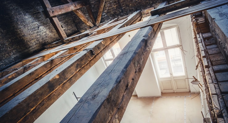 Dry Rot, Roof Beams Roof beams suffering from dry rot.